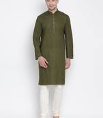 Green Cotton Linen Blend Kurta Pyjama Set