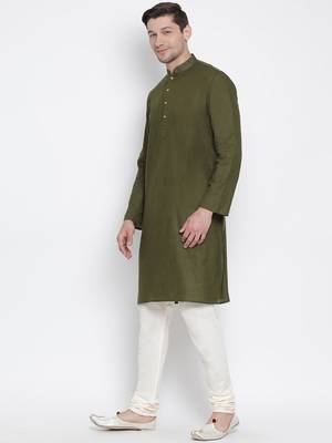 Green Cotton Linen Blend Kurta Pyjama Set 2