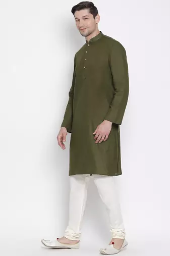 Green Cotton Linen Blend Kurta Pyjama Set