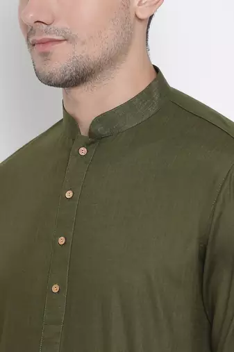 Green Cotton Linen Blend Kurta Pyjama Set
