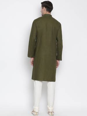 Green Cotton Linen Blend Kurta Pyjama Set 4
