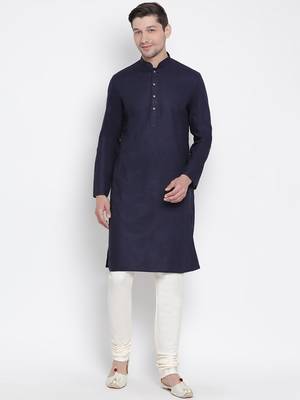 Dark Blue Cotton Linen Blend Kurta Pyjama Set 1