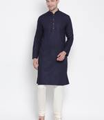 Dark Blue Cotton Linen Blend Kurta Pyjama Set