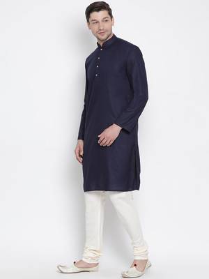 Dark Blue Cotton Linen Blend Kurta Pyjama Set 2