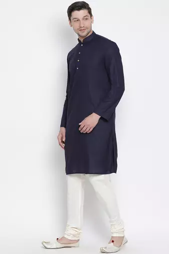 Dark Blue Cotton Linen Blend Kurta Pyjama Set