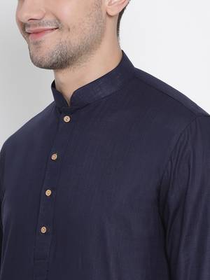 Dark Blue Cotton Linen Blend Kurta Pyjama Set 3