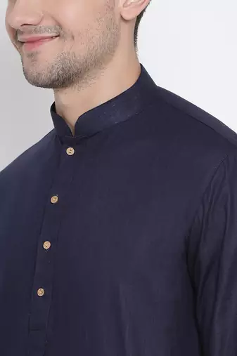 Dark Blue Cotton Linen Blend Kurta Pyjama Set