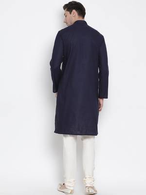Dark Blue Cotton Linen Blend Kurta Pyjama Set 4