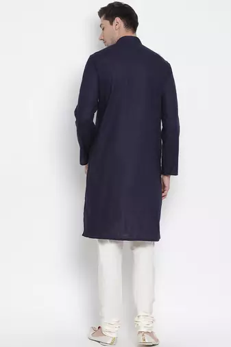 Dark Blue Cotton Linen Blend Kurta Pyjama Set