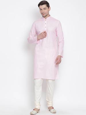 Pink Cotton Linen Blend Kurta Pyjama Set 1