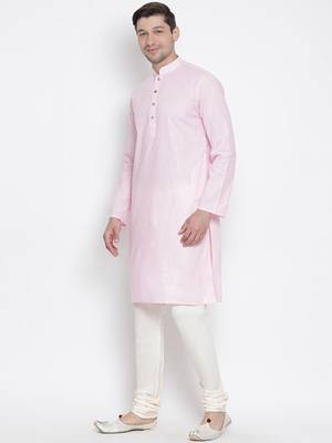 Pink Cotton Linen Blend Kurta Pyjama Set 2