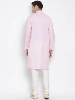 Pink Cotton Linen Blend Kurta Pyjama Set 4