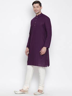 Purple Cotton Linen Blend Kurta Pyjama Set 2