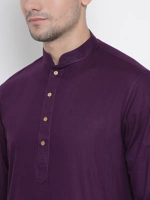 Purple Cotton Linen Blend Kurta Pyjama Set 3