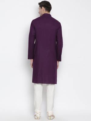 Purple Cotton Linen Blend Kurta Pyjama Set 4