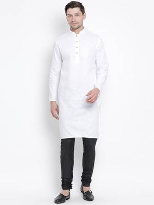 White Cotton Linen Blend Kurta Pyjama Set 1