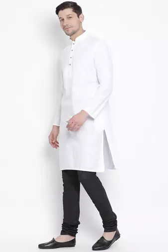 White Cotton Linen Blend Kurta Pyjama Set
