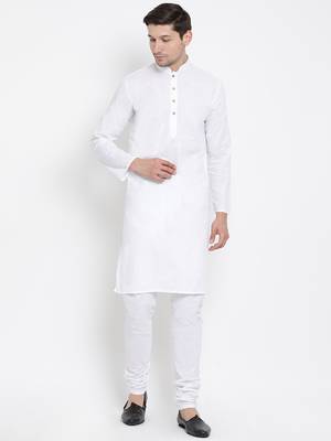 White Cotton Linen Blend Kurta Pyjama Set 1