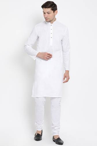 Men'S White Cotton Linen Blend Kurta Pyjama Set