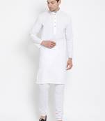 White Cotton Linen Blend Kurta Pyjama Set