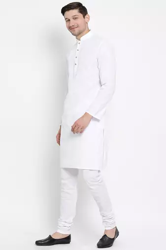 White Cotton Linen Blend Kurta Pyjama Set