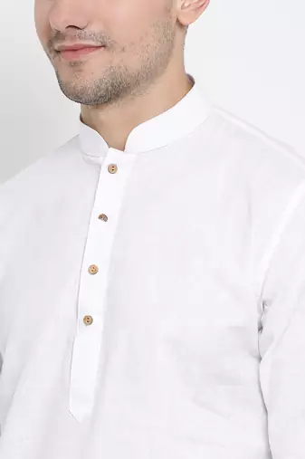 White Cotton Linen Blend Kurta Pyjama Set