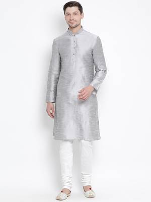 Grey Silk Blend Kurta Pyjama Set 1