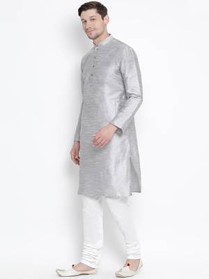 Grey Silk Blend Kurta Pyjama Set 2