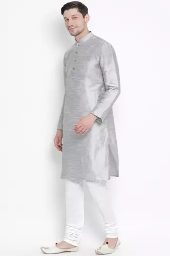 Grey Silk Blend Kurta Pyjama Set