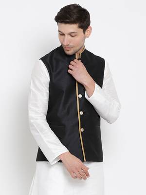 Vastramay men's black silk blend nehru jacket 2