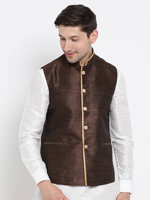 Vastramay men's brown silk blend nehru jacket 1