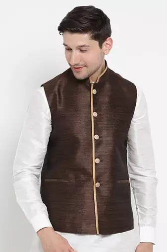 Vastramay men's brown silk blend nehru jacket