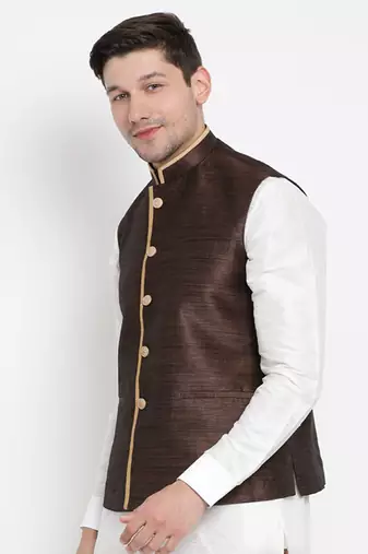 Vastramay men's brown silk blend nehru jacket