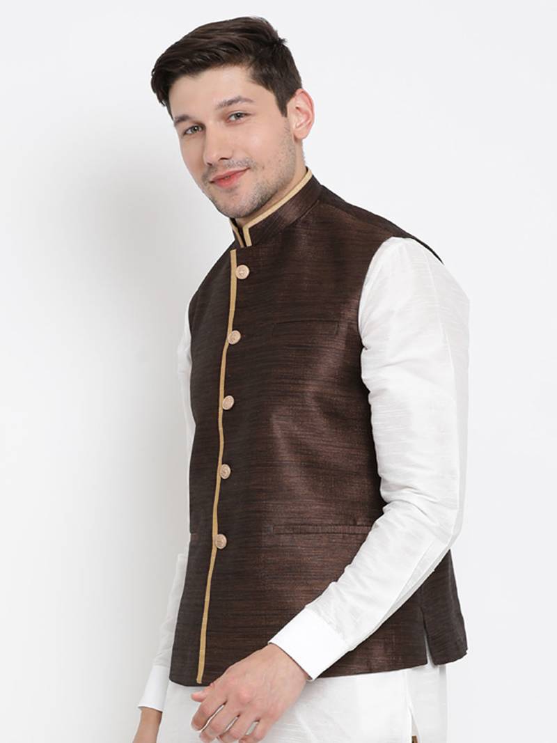 Vastramay men's brown silk blend nehru jacket