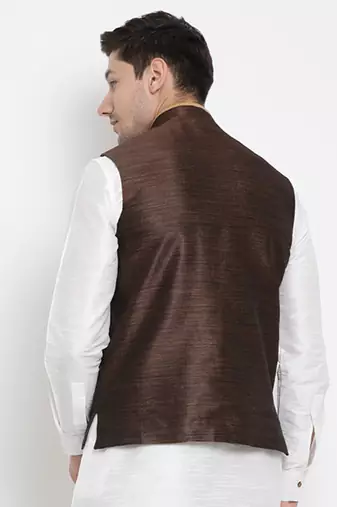 Vastramay men's brown silk blend nehru jacket
