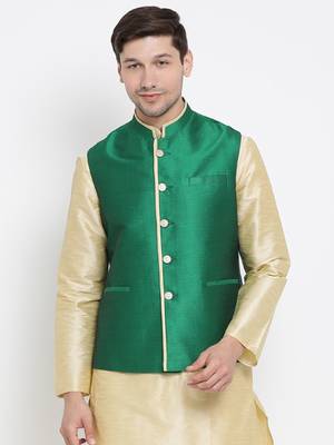 Vastramay men's green silk blend nehru jacket 1
