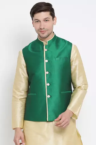 Vastramay men's green silk blend nehru jacket