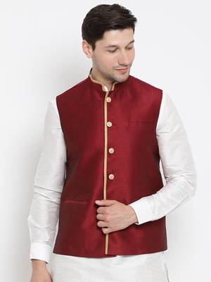 Vastramay men's maroon silk blend nehru jacket 1