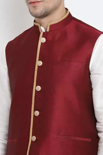 Vastramay men's maroon silk blend nehru jacket