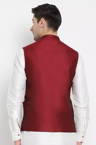 Vastramay men's maroon silk blend nehru jacket