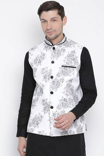 men's white cotton linen blend nehru jacket