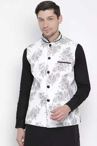 men's white cotton linen blend nehru jacket