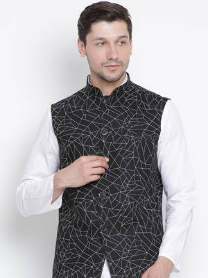 Men'S Black Cotton Linen Blend Nehru Jacket 1