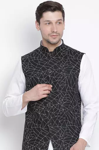 Men'S Black Cotton Linen Blend Nehru Jacket