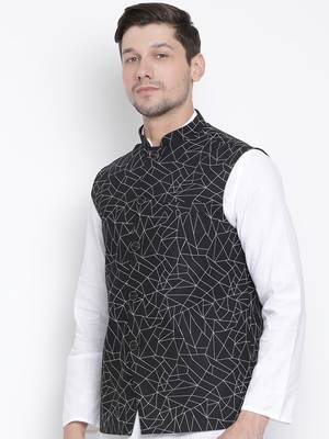 Men'S Black Cotton Linen Blend Nehru Jacket 2