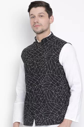 Men'S Black Cotton Linen Blend Nehru Jacket