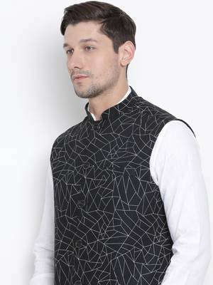 Men'S Black Cotton Linen Blend Nehru Jacket 3