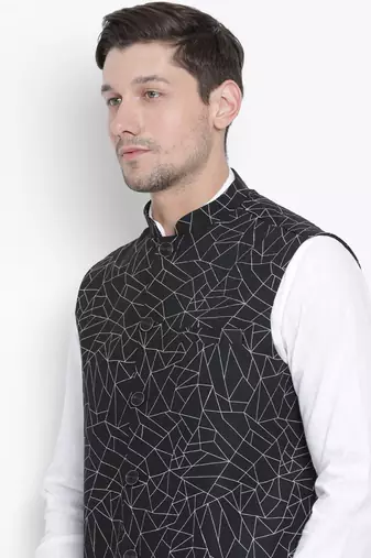 Men'S Black Cotton Linen Blend Nehru Jacket