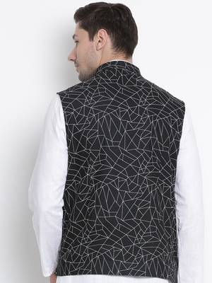 Men'S Black Cotton Linen Blend Nehru Jacket 4