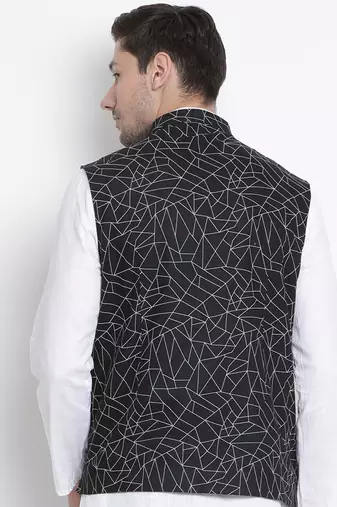 Men'S Black Cotton Linen Blend Nehru Jacket